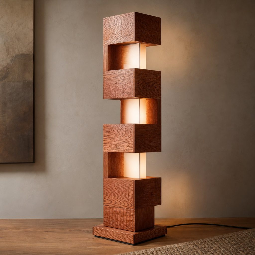 Red Oak Zigzag Tower Lamp shown as an original square photorealistic red oak lamp with natural pinkish-red grain, distinctive construction, and warm diffused light