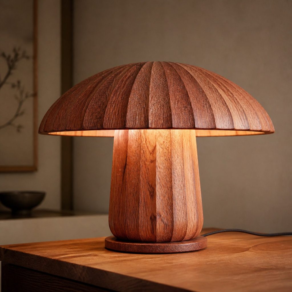 Red Oak Fluted Mushroom Lamp shown as an original square photorealistic red oak lamp with natural pinkish-red grain, distinctive construction, and warm diffused light
