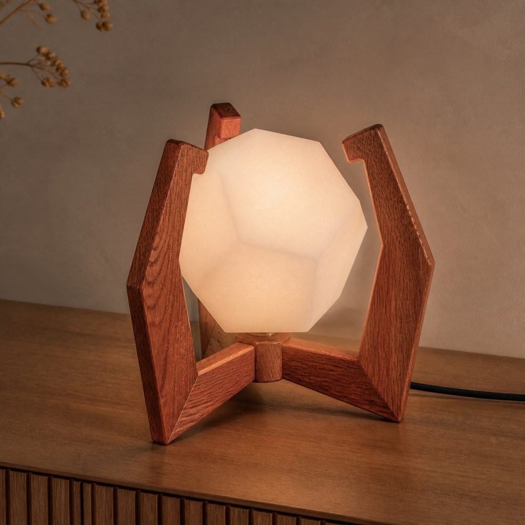 Red Oak Three-Claw Lamp shown as an original square photorealistic red oak lamp with natural pinkish-red grain, distinctive construction, and warm diffused light