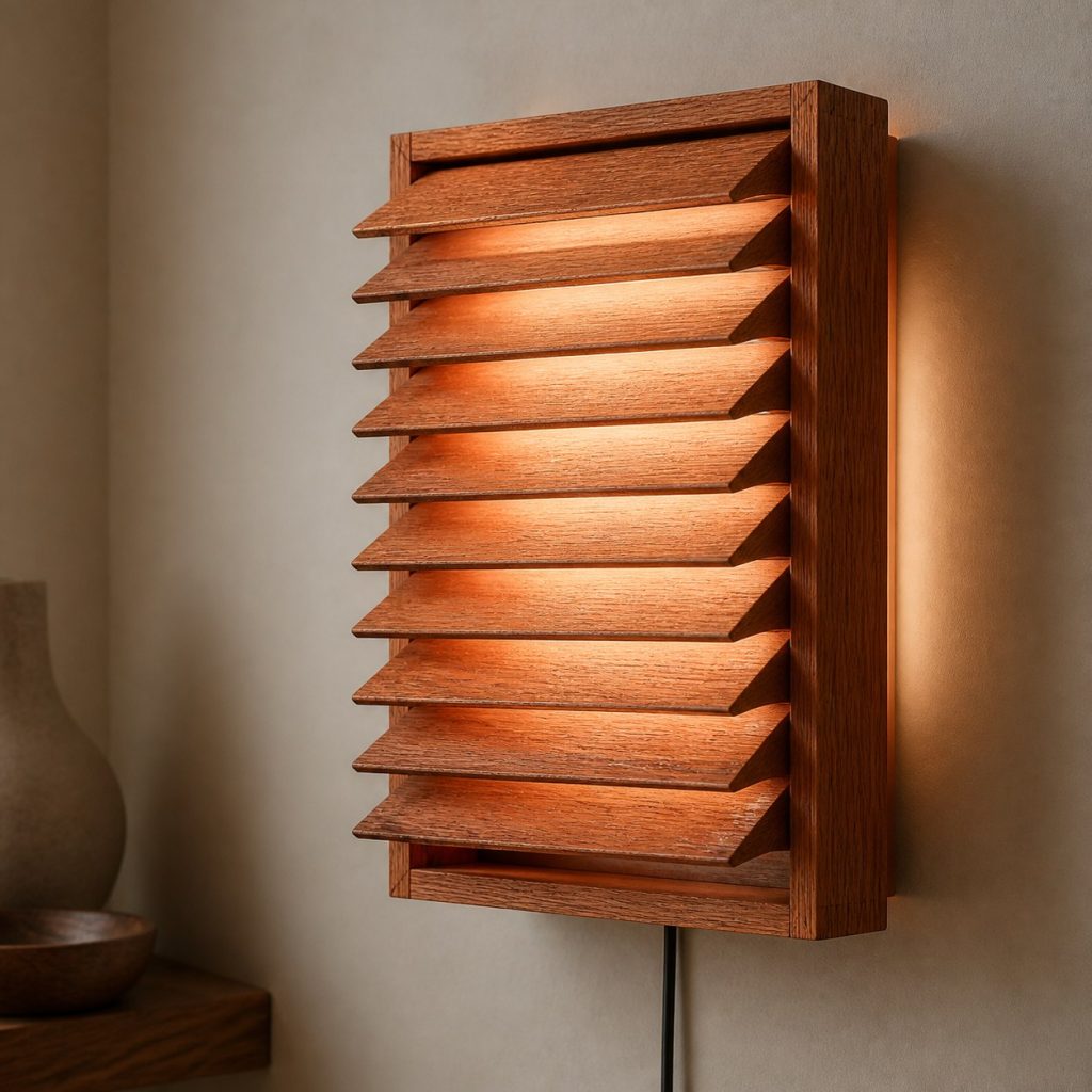 Red Oak Louvered Wall Lamp shown as an original square photorealistic red oak lamp with natural pinkish-red grain, distinctive construction, and warm diffused light
