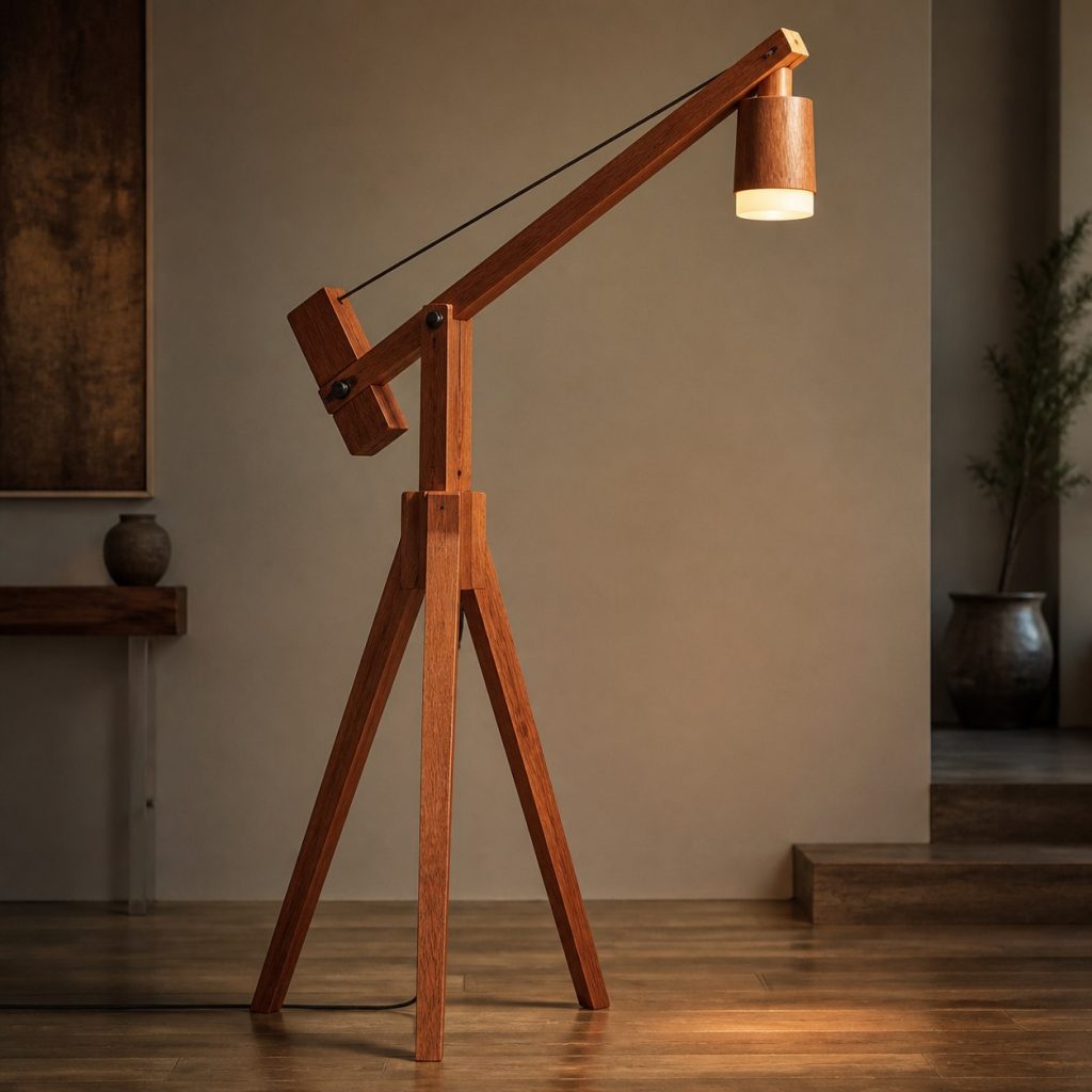 Red Oak Tripod Crane Lamp shown as an original square photorealistic red oak lamp with natural pinkish-red grain, distinctive construction, and warm diffused light