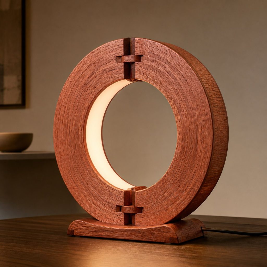 Red Oak Split-Ring Lamp shown as an original square photorealistic red oak lamp with natural pinkish-red grain, distinctive construction, and warm diffused light