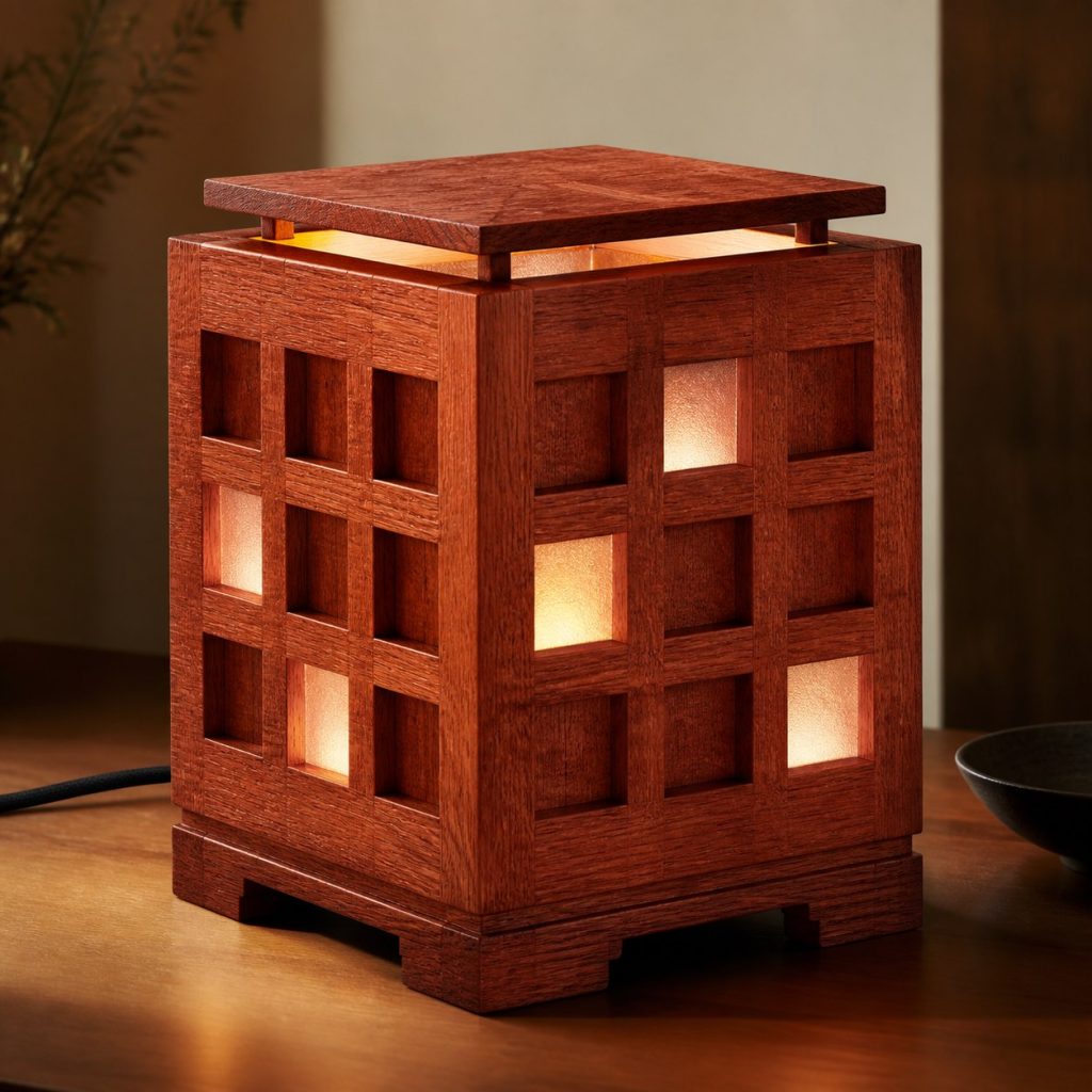 Red Oak Coffered Cube Lamp shown as an original square photorealistic red oak lamp with natural pinkish-red grain, distinctive construction, and warm diffused light