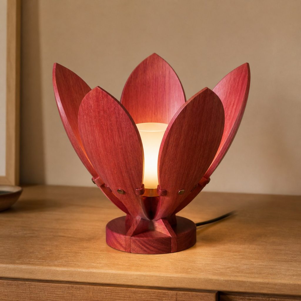 Redheart Petal Lamp shown as an original square photorealistic redheart wood lamp with natural coral-red grain, distinctive construction, and warm diffused light