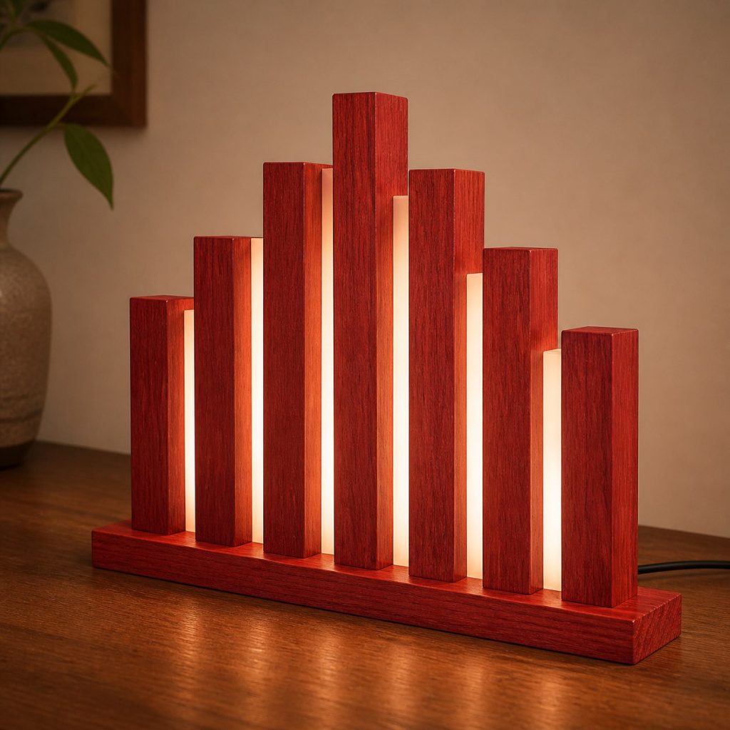 Redheart Skyline Lamp shown as an original square photorealistic redheart wood lamp with natural coral-red grain, distinctive construction, and warm diffused light