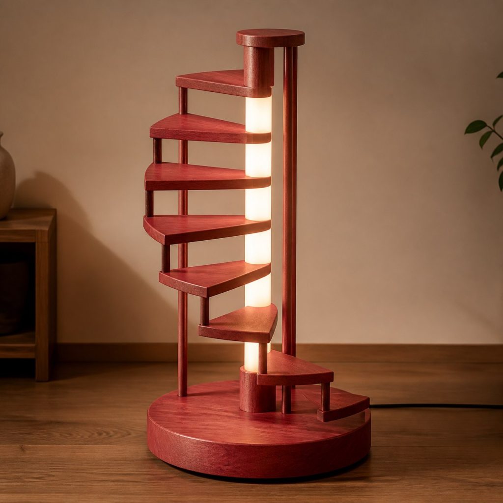 Redheart Spiral-Stair Lamp shown as an original square photorealistic redheart wood lamp with natural coral-red grain, distinctive construction, and warm diffused light