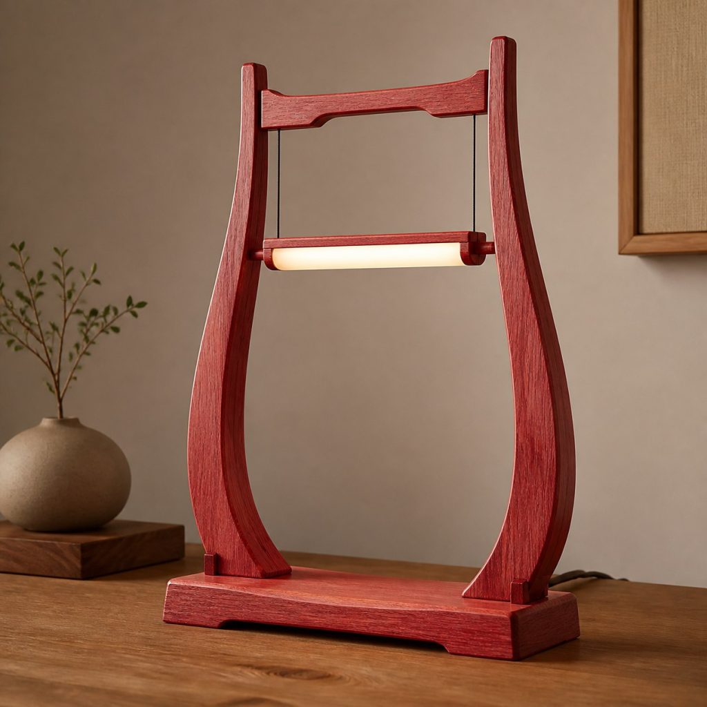 Redheart Harp Lamp shown as an original square photorealistic redheart wood lamp with natural coral-red grain, distinctive construction, and warm diffused light