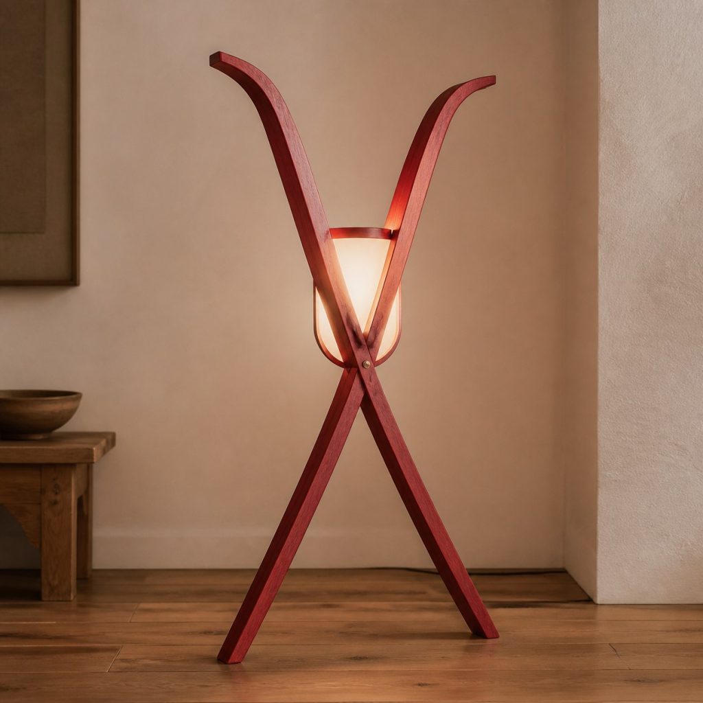 Redheart Crossed-Bow Lamp shown as an original square photorealistic redheart wood lamp with natural coral-red grain, distinctive construction, and warm diffused light