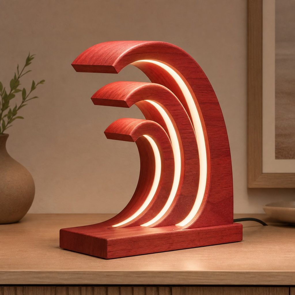 Redheart Wave-Crest Lamp shown as an original square photorealistic redheart wood lamp with natural coral-red grain, distinctive construction, and warm diffused light