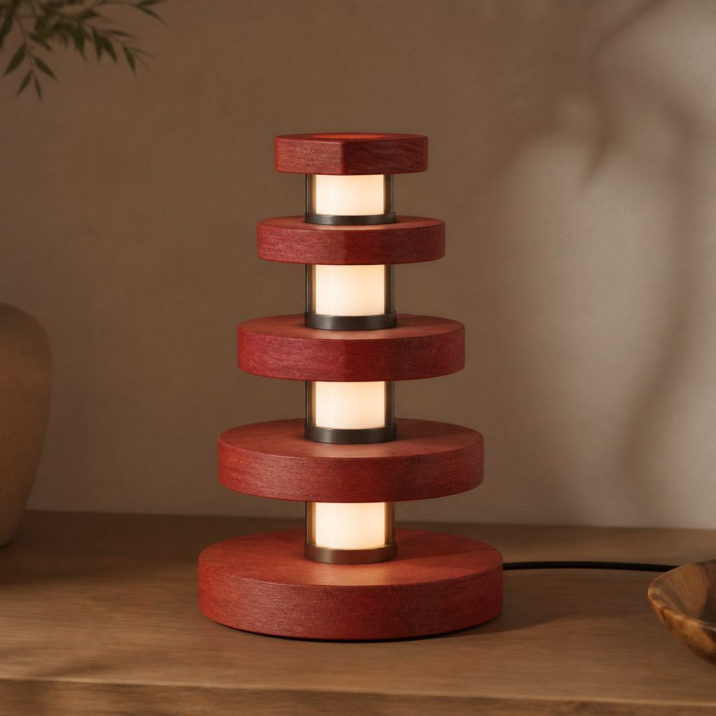 Redheart Disc Totem Lamp shown as an original square photorealistic redheart wood lamp with natural coral-red grain, distinctive construction, and warm diffused light