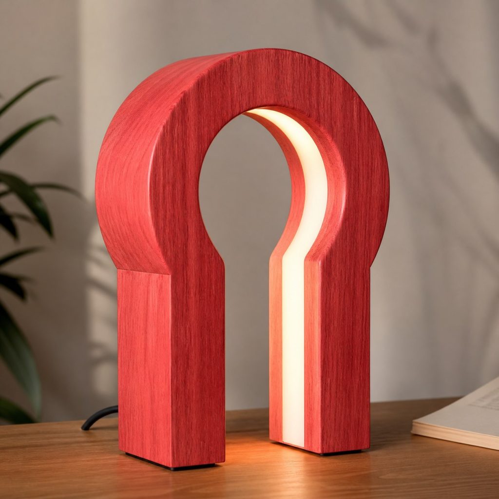 Redheart Keyhole-Portal Lamp shown as an original square photorealistic redheart wood lamp with natural coral-red grain, distinctive construction, and warm diffused light