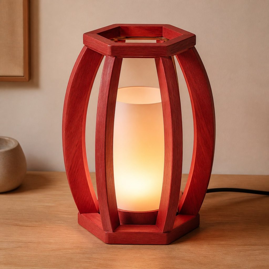 Redheart Hexagonal Pod Lamp shown as an original square photorealistic redheart wood lamp with natural coral-red grain, distinctive construction, and warm diffused light