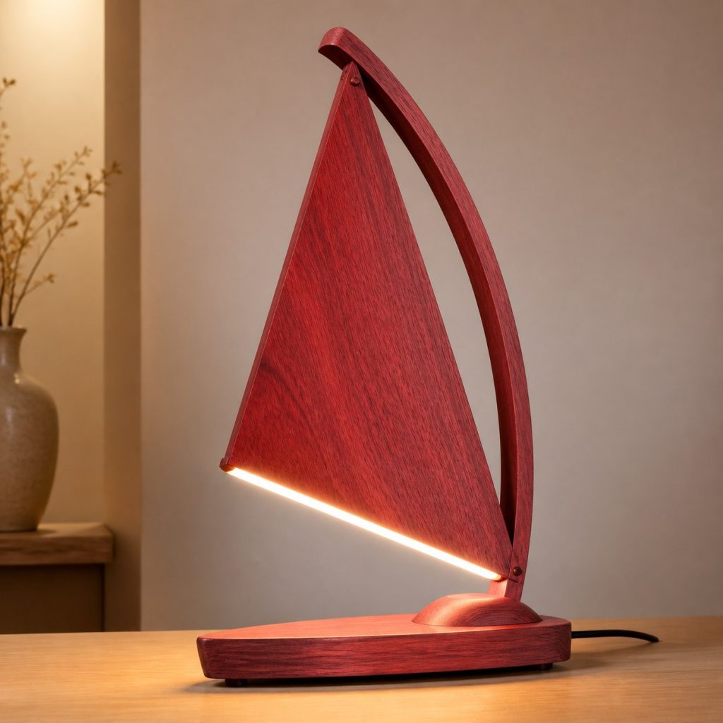 Redheart Sail Lamp shown as an original square photorealistic redheart wood lamp with natural coral-red grain, distinctive construction, and warm diffused light