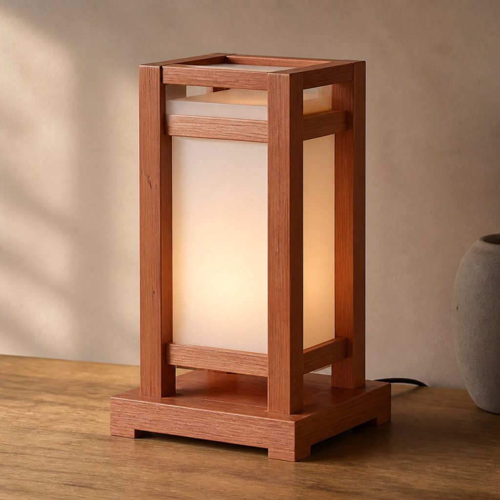 Redwood Frame Diffuser Table Lamp shown as an original square photorealistic redwood lamp with authentic grain, warm diffused light, and a short dark power cord