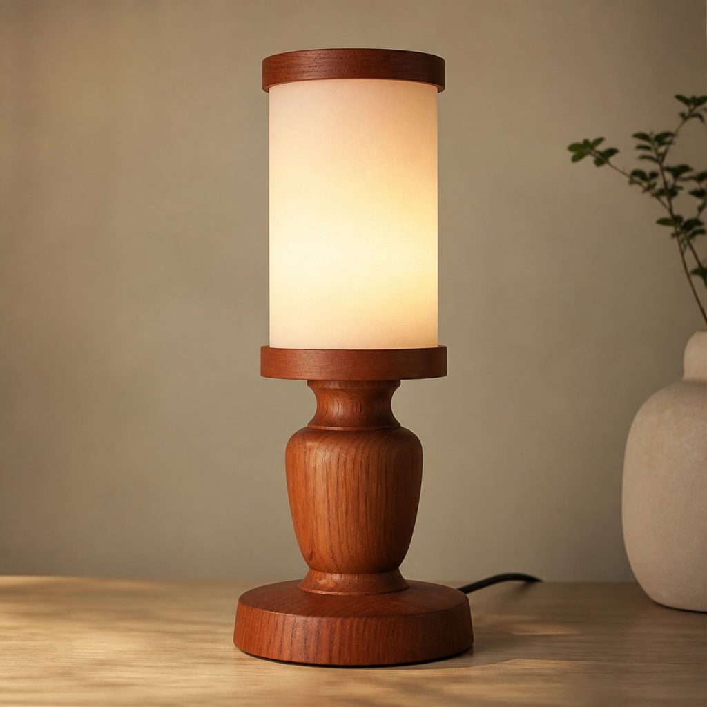 Redwood Turned Bedside Lamp shown as an original square photorealistic redwood lamp with authentic grain, warm diffused light, and a short dark power cord