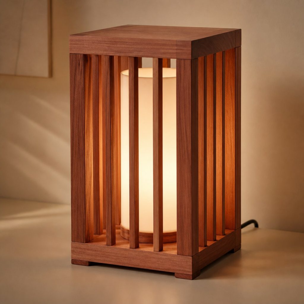 Redwood Slatted Lantern Lamp shown as an original square photorealistic redwood lamp with authentic grain, warm diffused light, and a short dark power cord