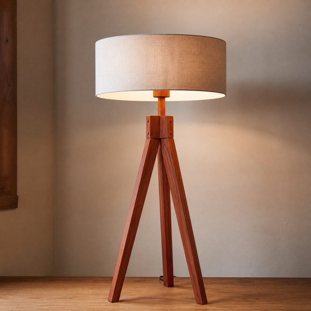 Redwood Tripod Reading Lamp shown as an original square photorealistic redwood lamp with authentic grain, warm diffused light, and a short dark power cord