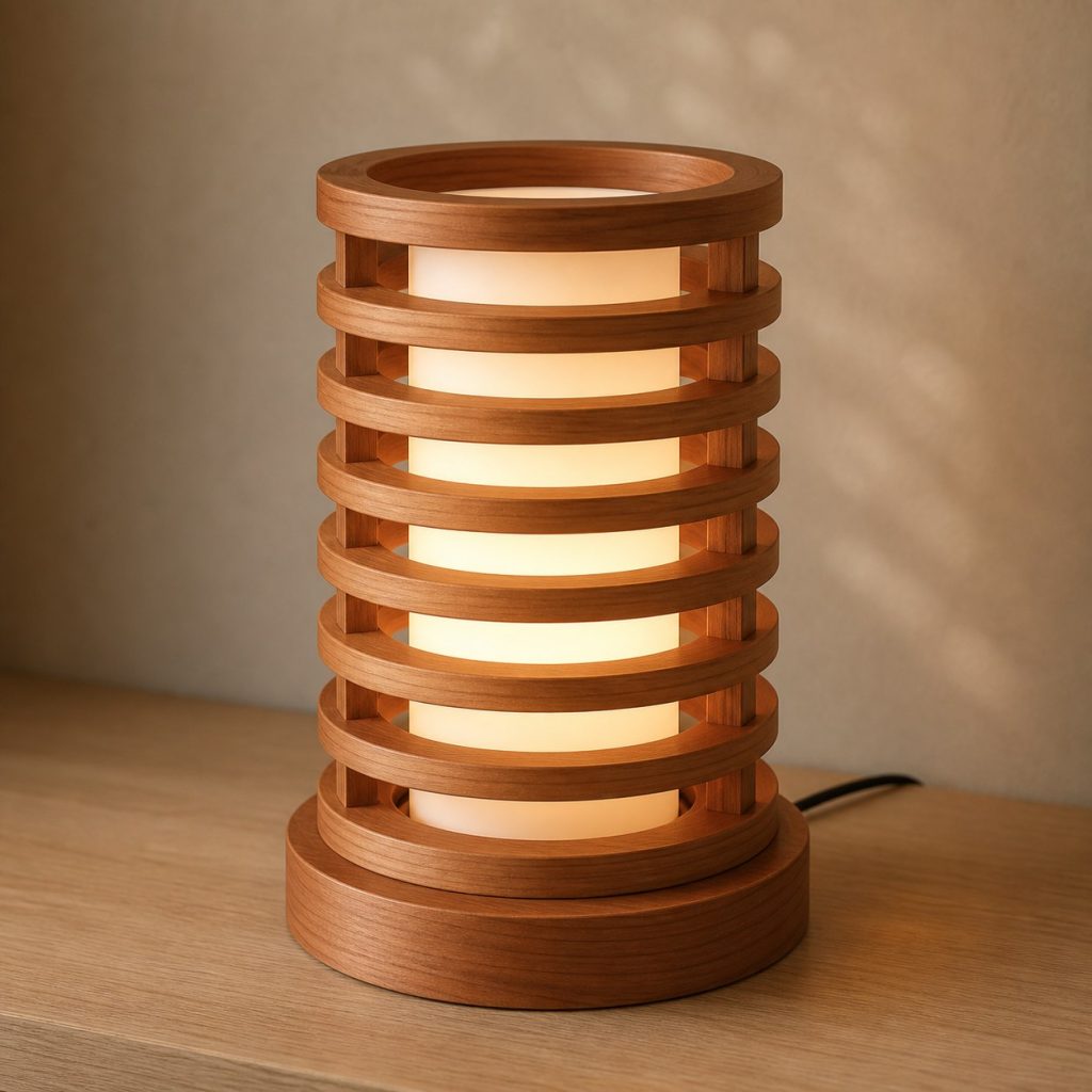 Redwood Stacked Ring Lamp shown as an original square photorealistic redwood lamp with authentic grain, warm diffused light, and a short dark power cord
