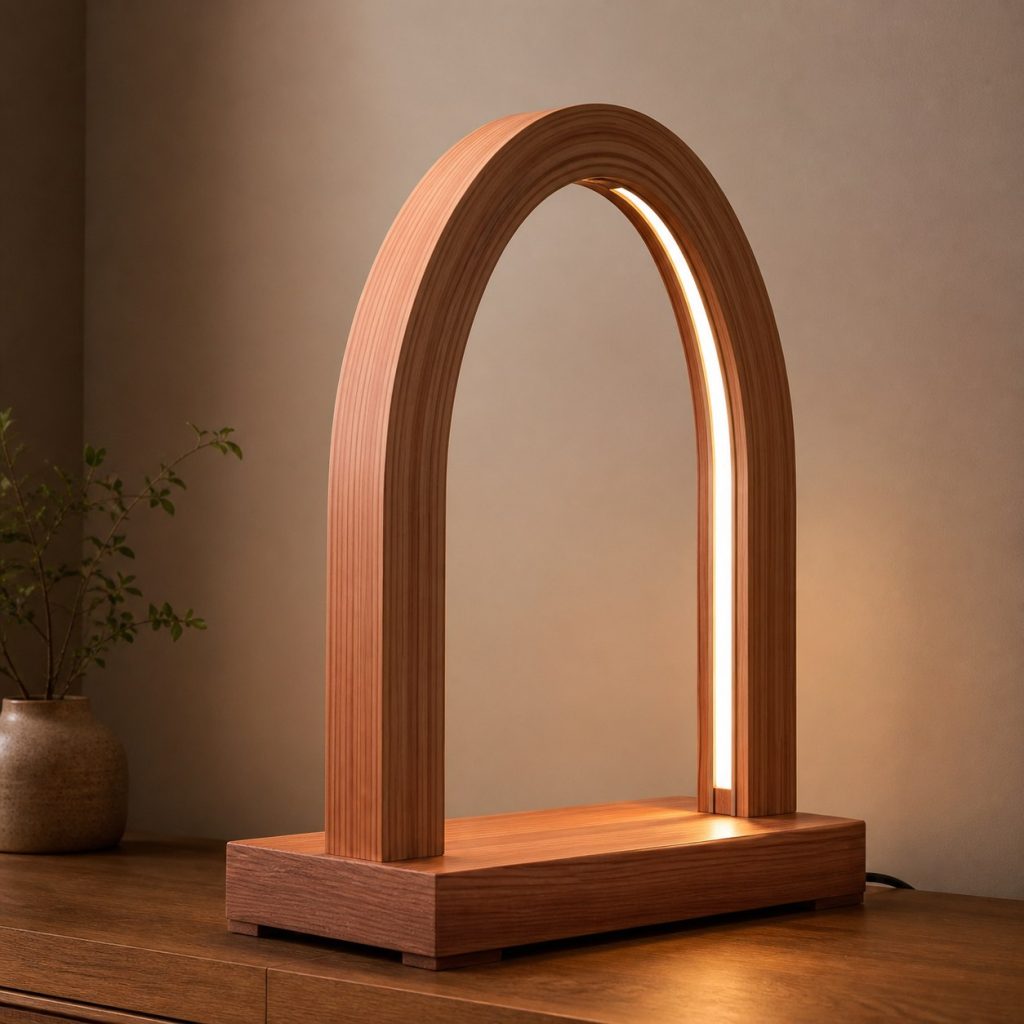 Redwood Laminated Arch Lamp shown as an original square photorealistic redwood lamp with authentic grain, warm diffused light, and a short dark power cord