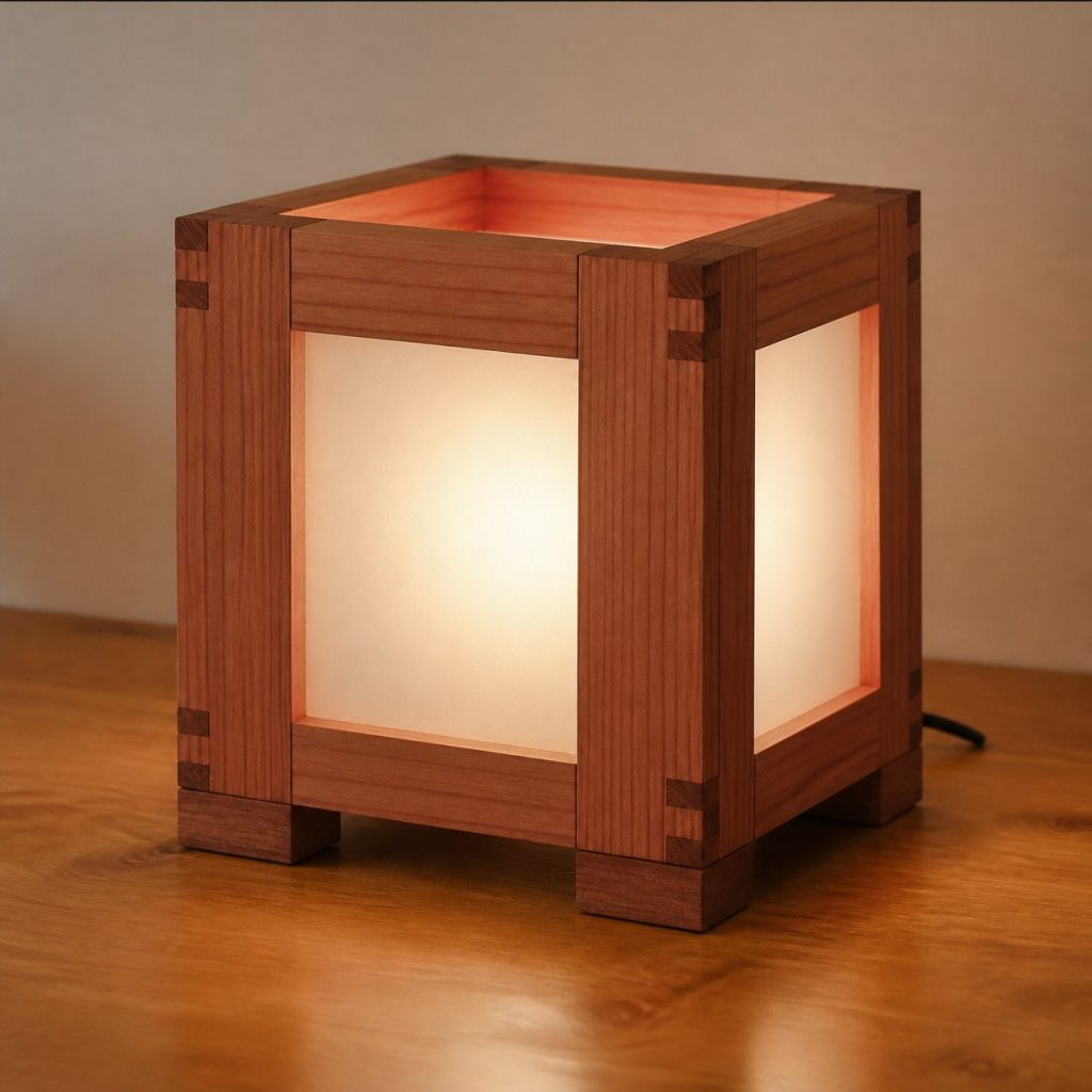 Redwood Box-Jointed Cube Lamp shown as an original square photorealistic redwood lamp with authentic grain, warm diffused light, and a short dark power cord