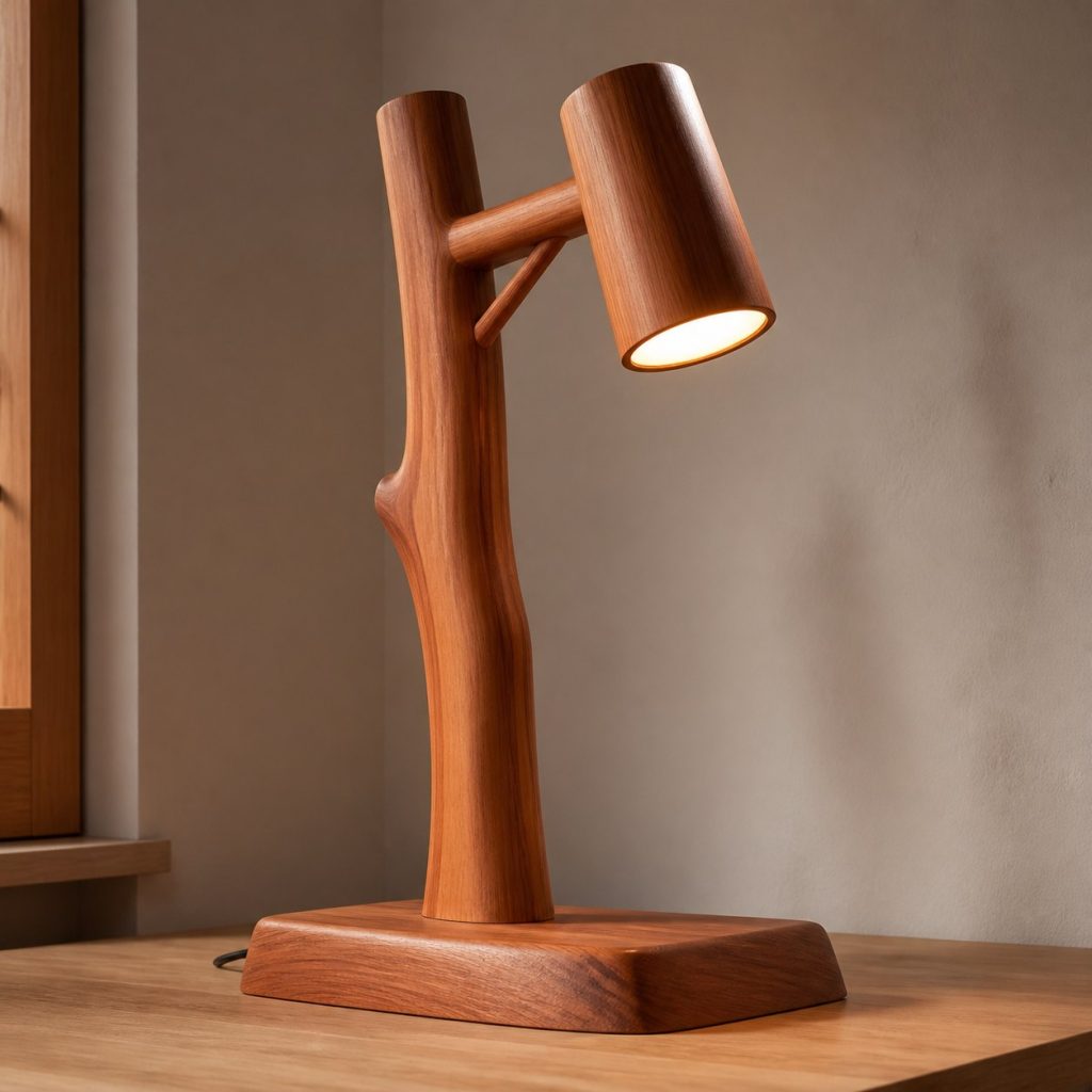 Redwood Branch Reading Lamp shown as an original square photorealistic redwood lamp with authentic grain, warm diffused light, and a short dark power cord