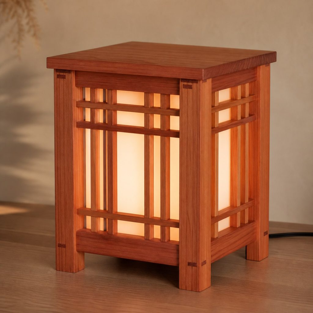 Redwood Lattice Lamp shown as an original square photorealistic redwood lamp with authentic grain, warm diffused light, and a short dark power cord