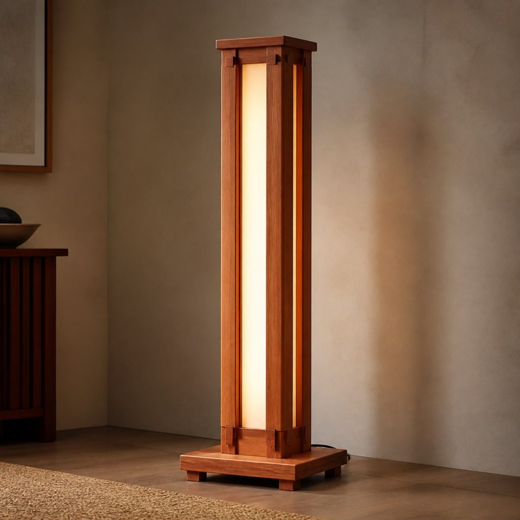 Redwood Column Floor Lamp shown as an original square photorealistic redwood lamp with authentic grain, warm diffused light, and a short dark power cord
