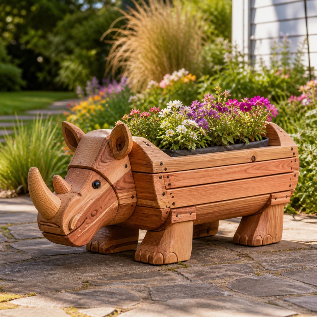 Low Broad Rhino Trough shown as a square photorealistic cedar garden planter filled with cottage flowers