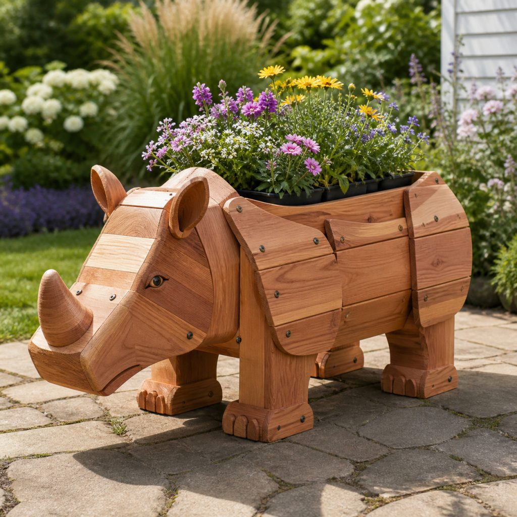 Layered-Armor Rhino Planter shown as a square photorealistic cedar garden planter filled with cottage flowers