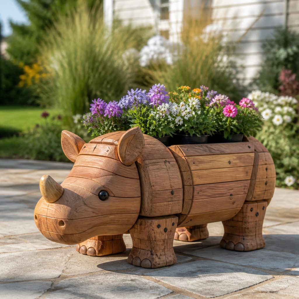 Compact Rhino Calf Planter shown as a square photorealistic cedar garden planter filled with cottage flowers
