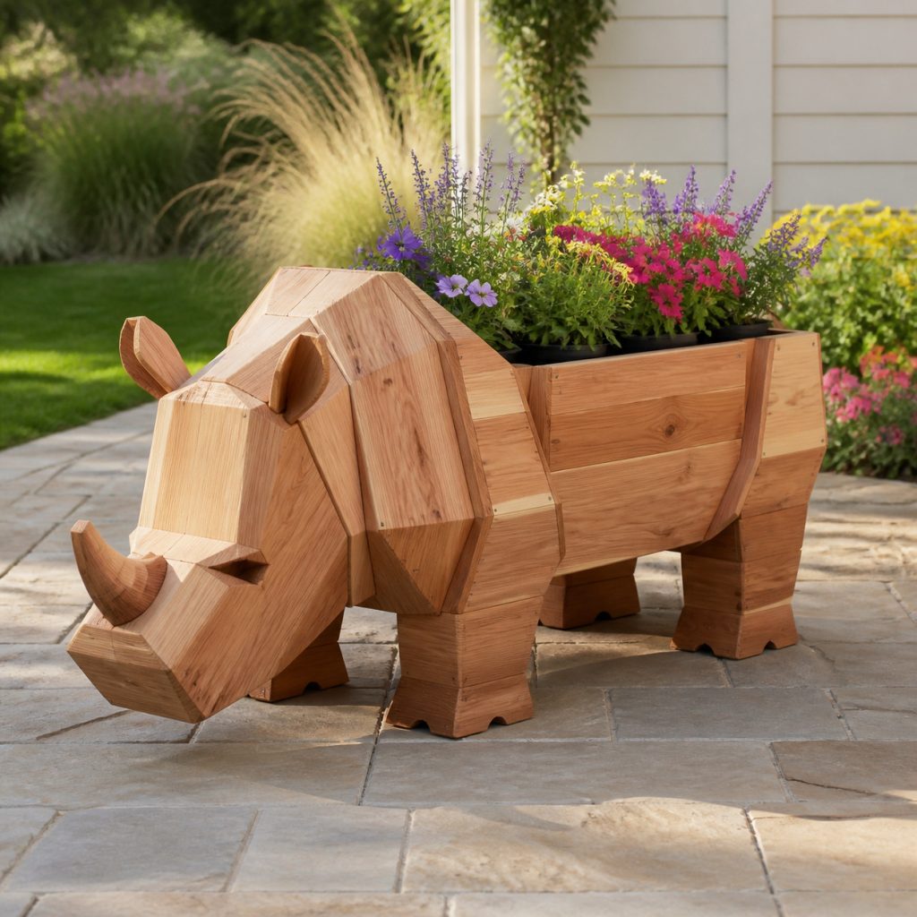 Modern Geometric Rhino shown as a square photorealistic cedar garden planter filled with cottage flowers