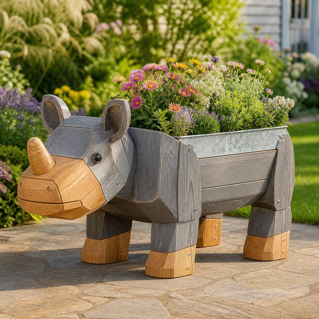 Gray-Washed Garden Rhino shown as a square photorealistic cedar garden planter filled with cottage flowers