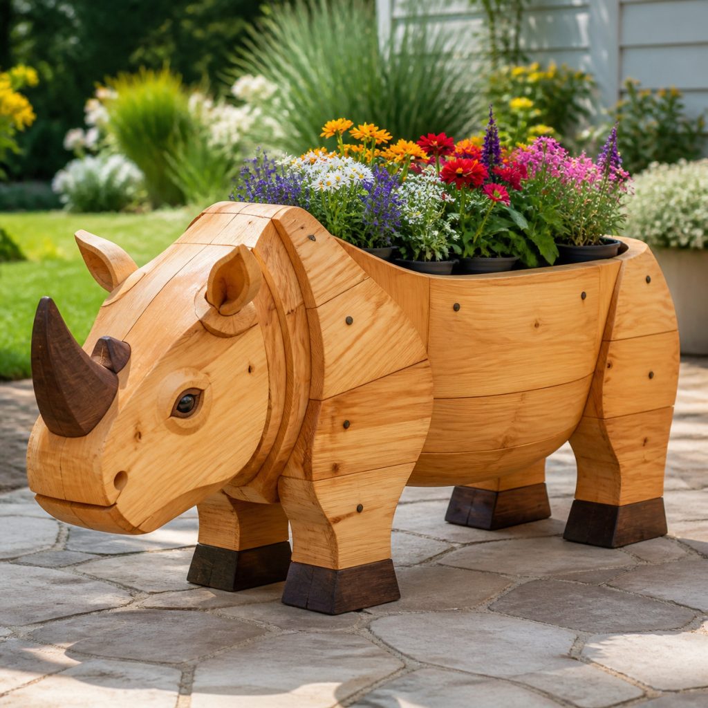 Two-Tone Dark-Horn Rhino shown as a square photorealistic cedar garden planter filled with cottage flowers