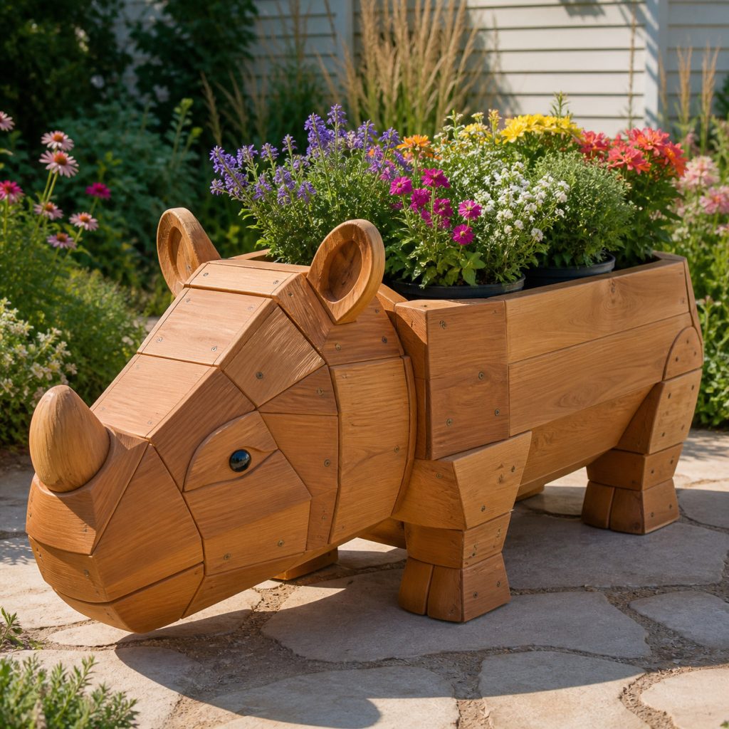 Chunky Timber Rhino Box shown as a square photorealistic cedar garden planter filled with cottage flowers