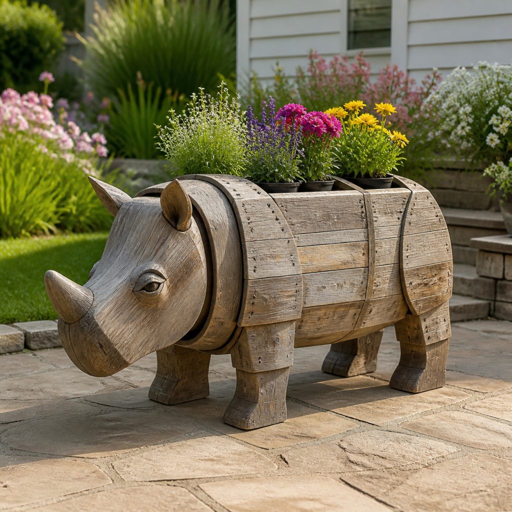 Weathered Cottage Rhino shown as a square photorealistic cedar garden planter filled with cottage flowers