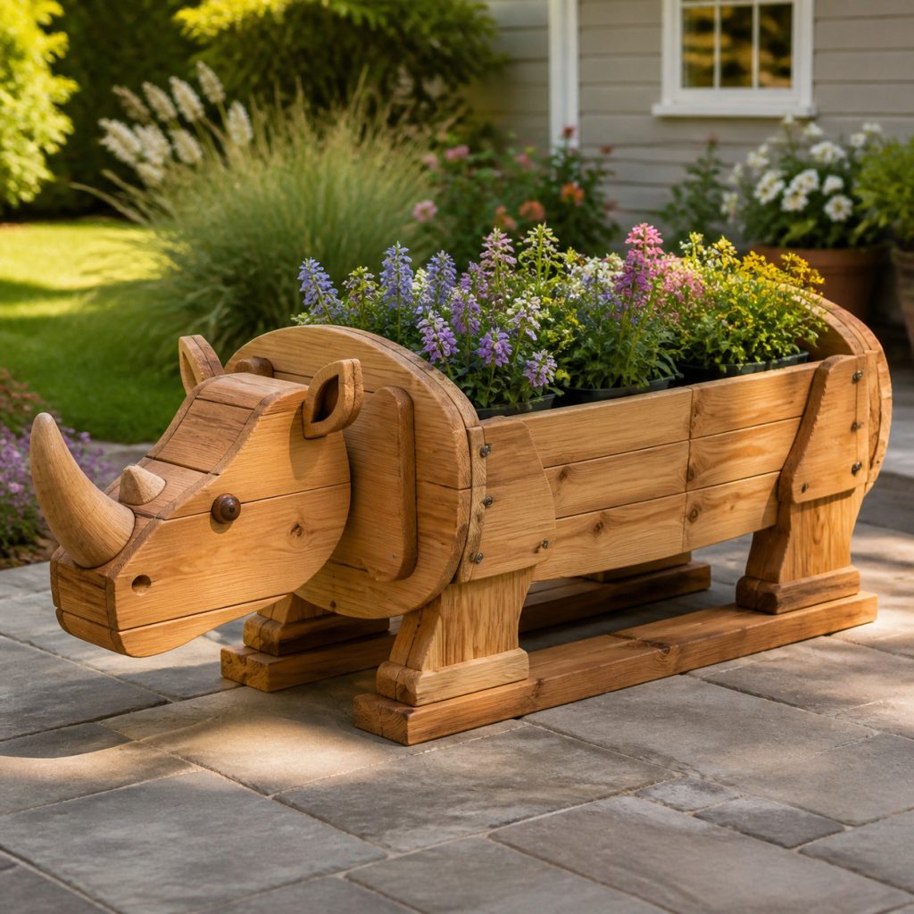 Rhino on Wide Base Rails shown as a square photorealistic cedar garden planter filled with cottage flowers