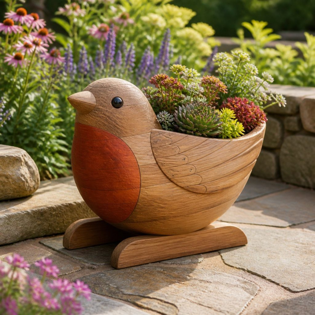 Compact Succulent Robin shown as a square photorealistic cedar robin-shaped garden planter filled with flowers