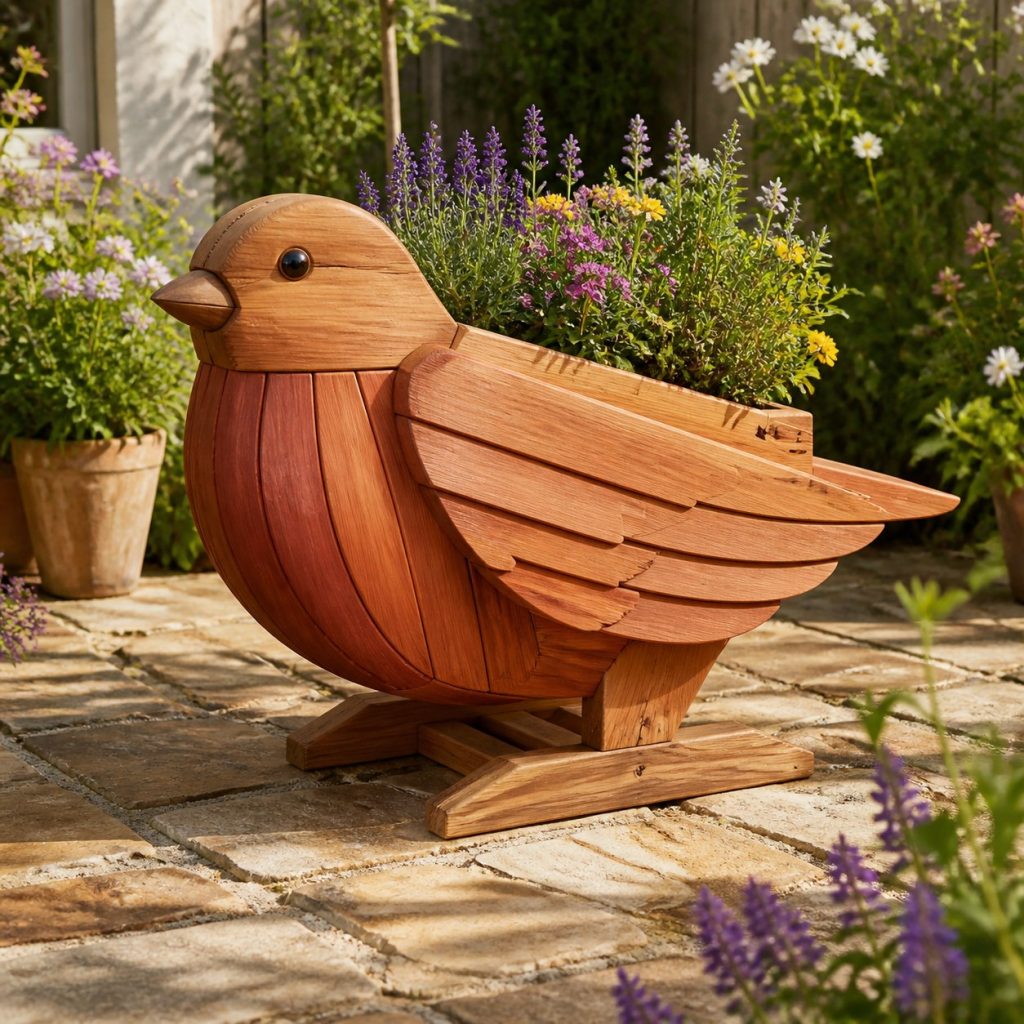Slatted Herb-Trough Robin shown as a square photorealistic cedar robin-shaped garden planter filled with flowers