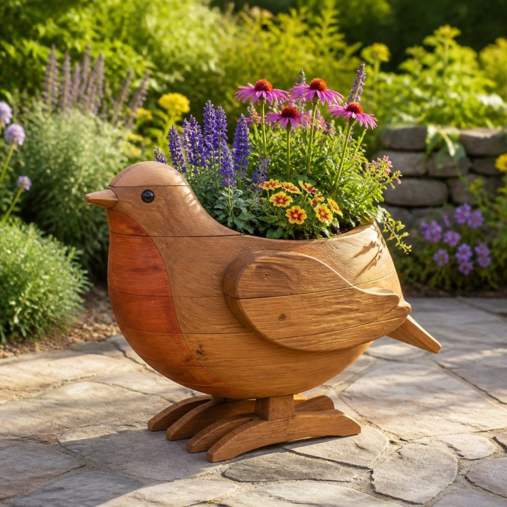 Robin with Galvanized Liner shown as a square photorealistic cedar robin-shaped garden planter filled with flowers