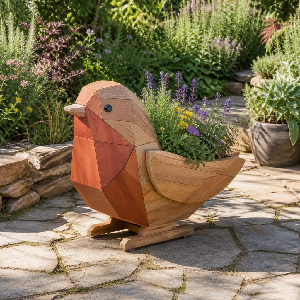 Modern Geometric Robin shown as a square photorealistic cedar robin-shaped garden planter filled with flowers