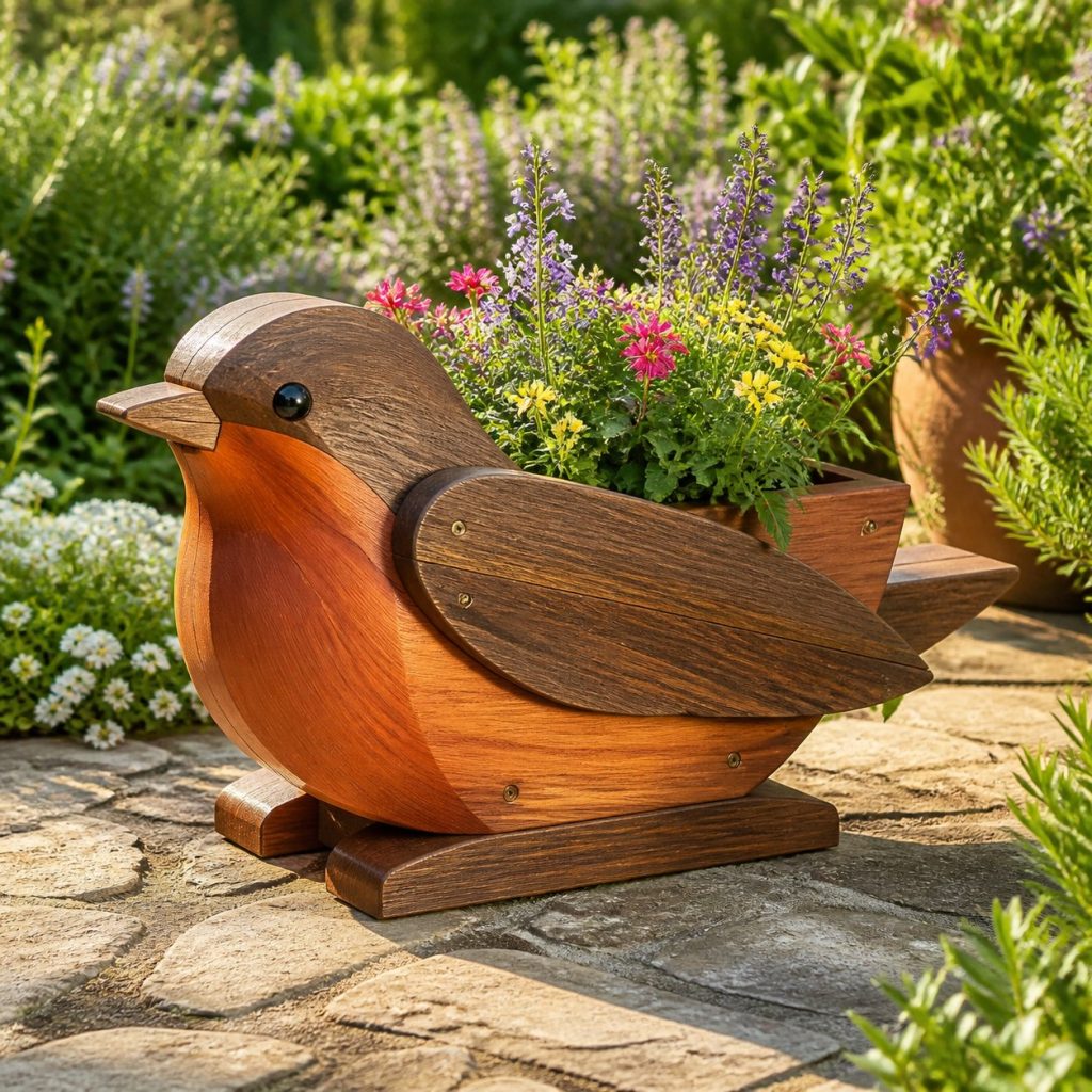 Two-Tone Cedar Robin shown as a square photorealistic cedar robin-shaped garden planter filled with flowers