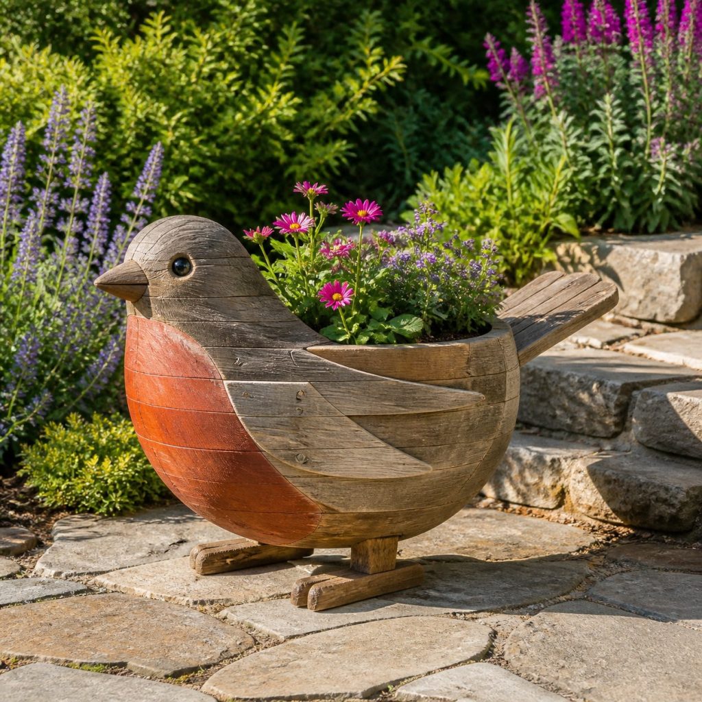 Weathered Cottage Robin shown as a square photorealistic cedar robin-shaped garden planter filled with flowers