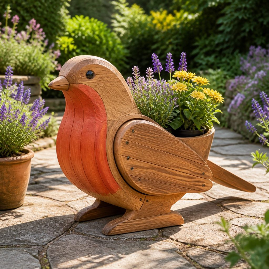 Robin with Twin Flower Pots shown as a square photorealistic cedar robin-shaped garden planter filled with flowers