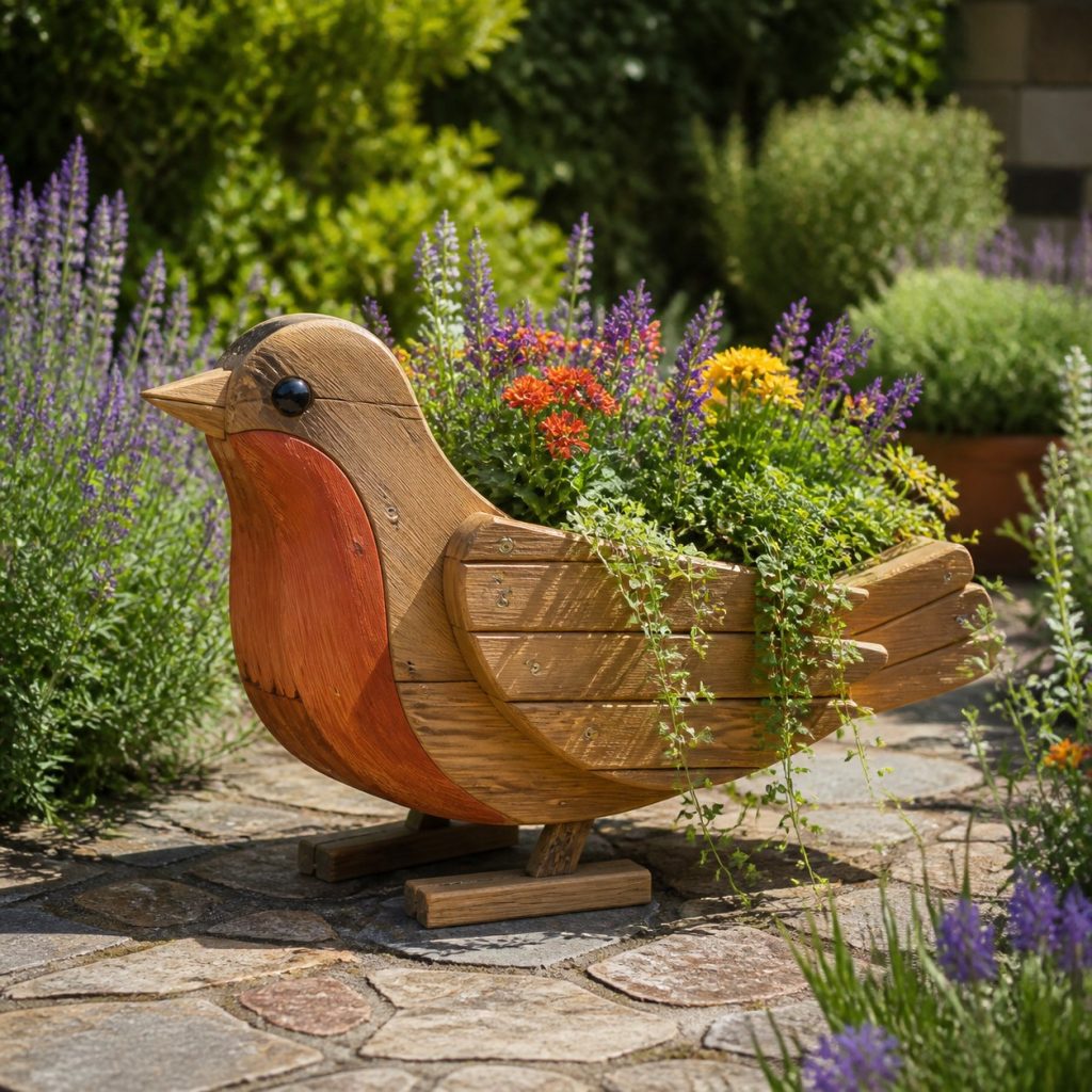 Trailing-Flower Robin shown as a square photorealistic cedar robin-shaped garden planter filled with flowers