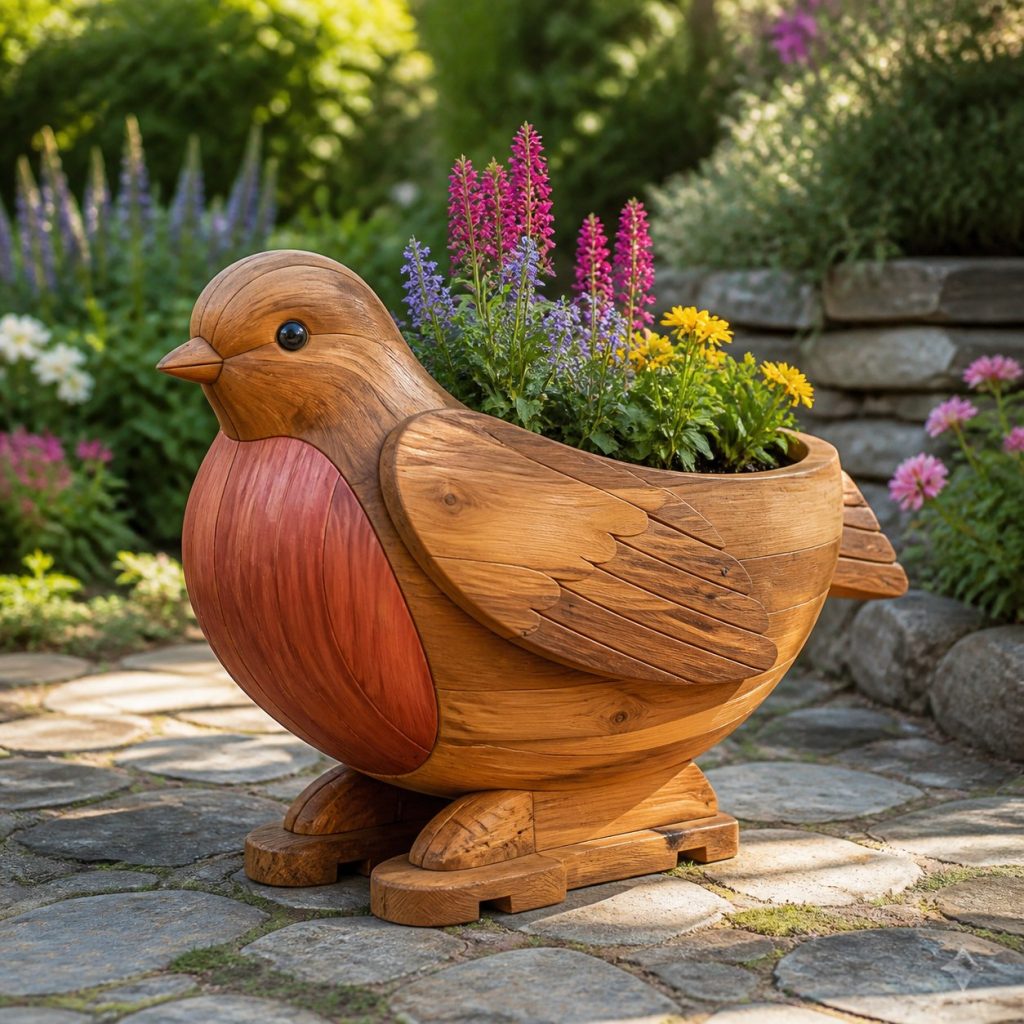 Large Grass-Filled Robin shown as a square photorealistic cedar robin-shaped garden planter filled with flowers