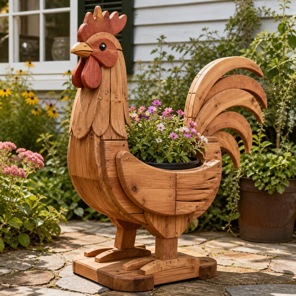 Compact Cockerel Flower Pot shown as a square photorealistic cedar garden planter filled with cottage flowers