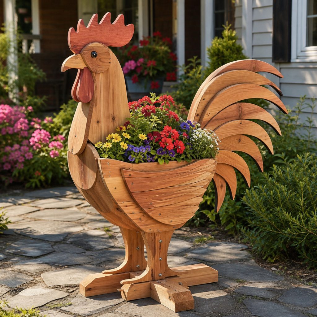 Layered-Tail Garden Rooster shown as a square photorealistic cedar garden planter filled with cottage flowers