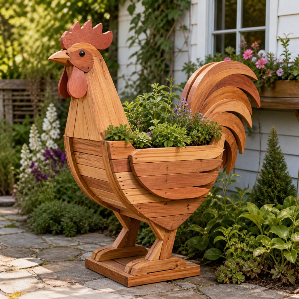 Rooster with Herb Trough shown as a square photorealistic cedar garden planter filled with cottage flowers