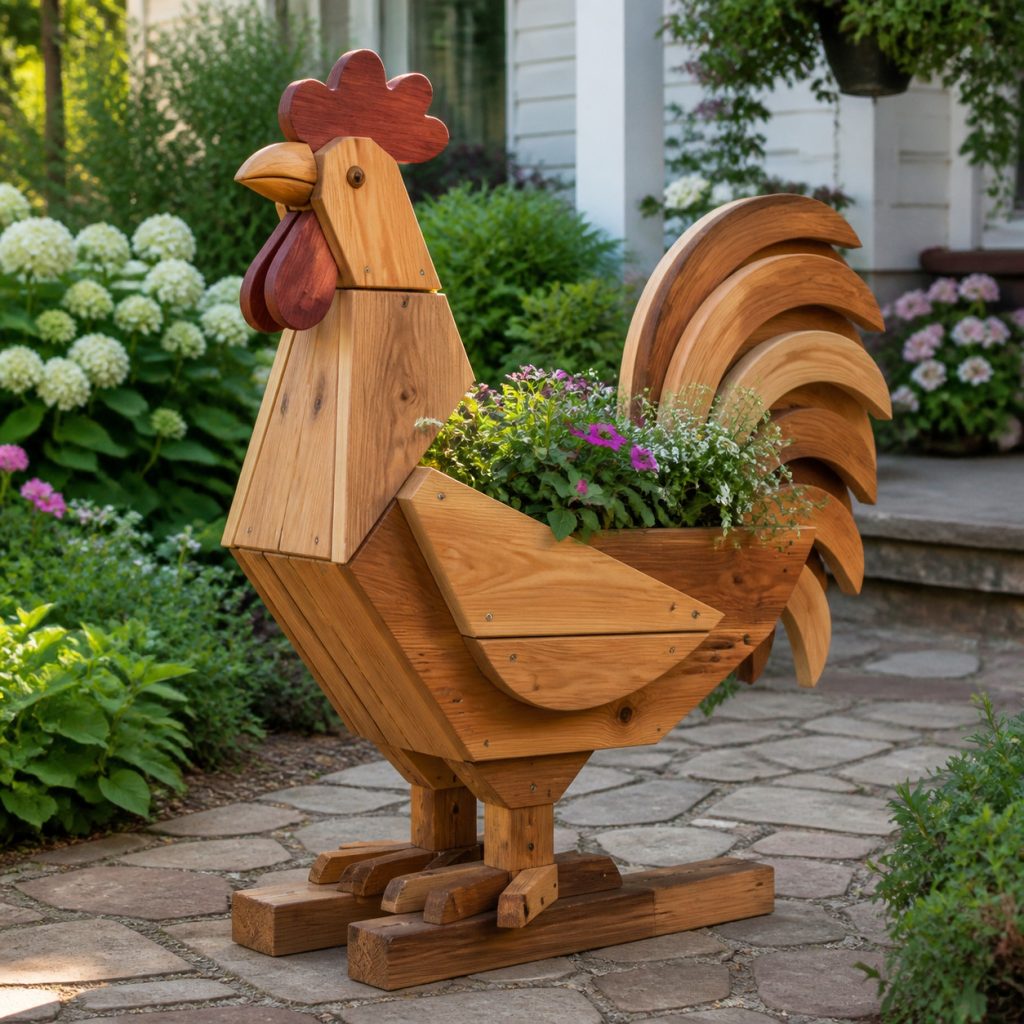 Modern Geometric Rooster shown as a square photorealistic cedar garden planter filled with cottage flowers