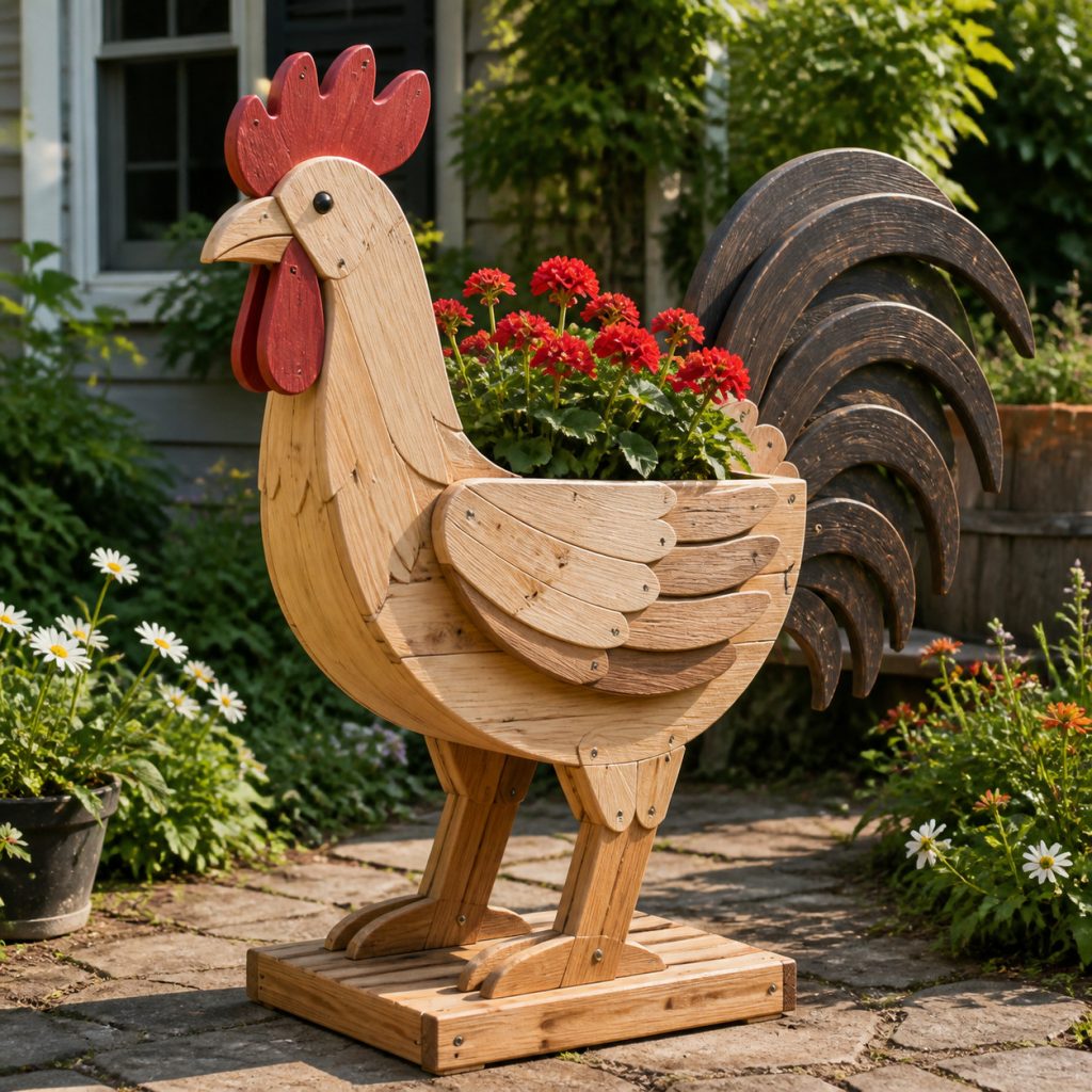 Two-Tone Cedar Rooster shown as a square photorealistic cedar garden planter filled with cottage flowers